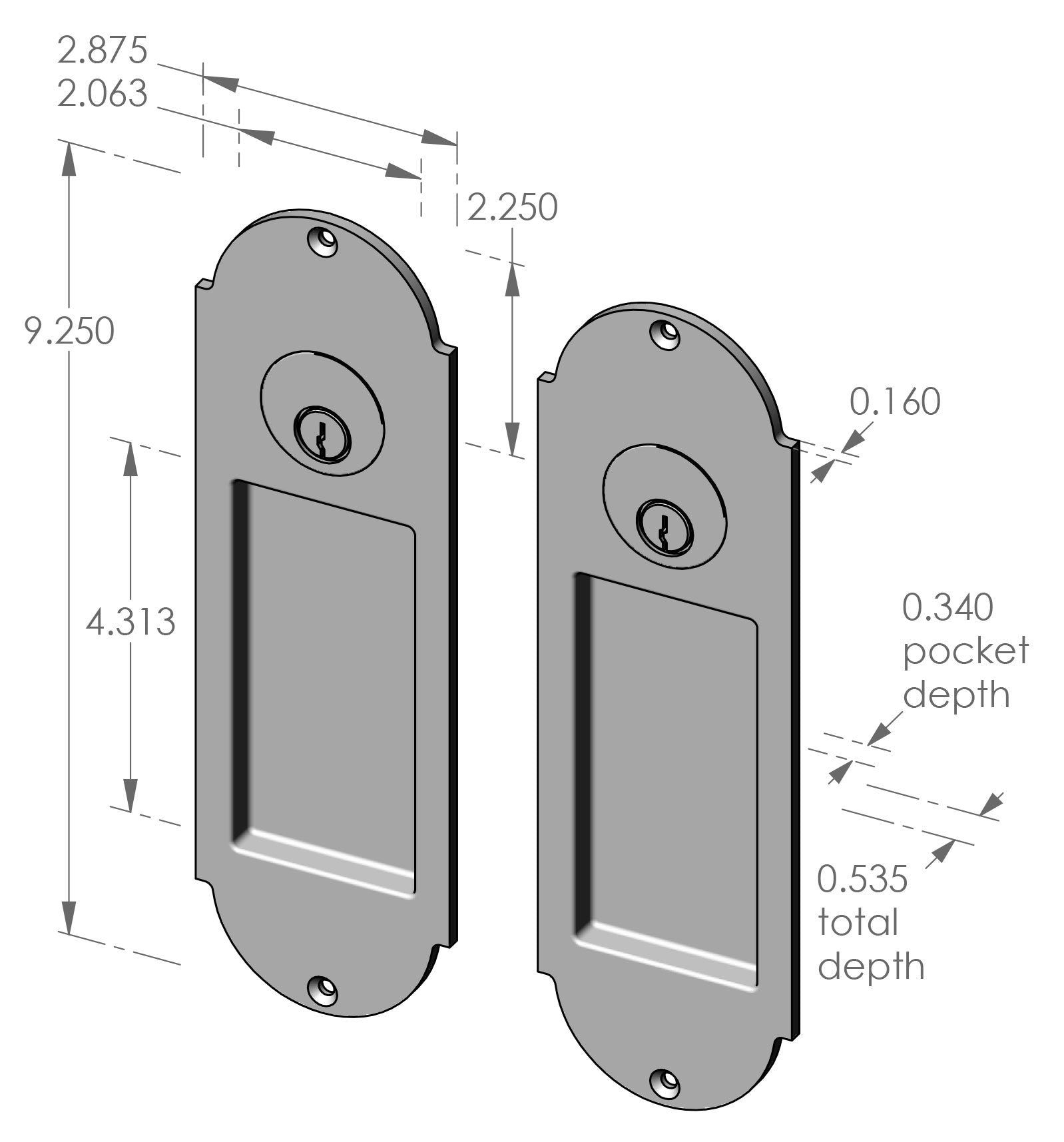 Arch Double Cylinder Locking Pocket Door Set (CS-FP-A402ML-DC) — dibujo de especificaciones y dimensiones