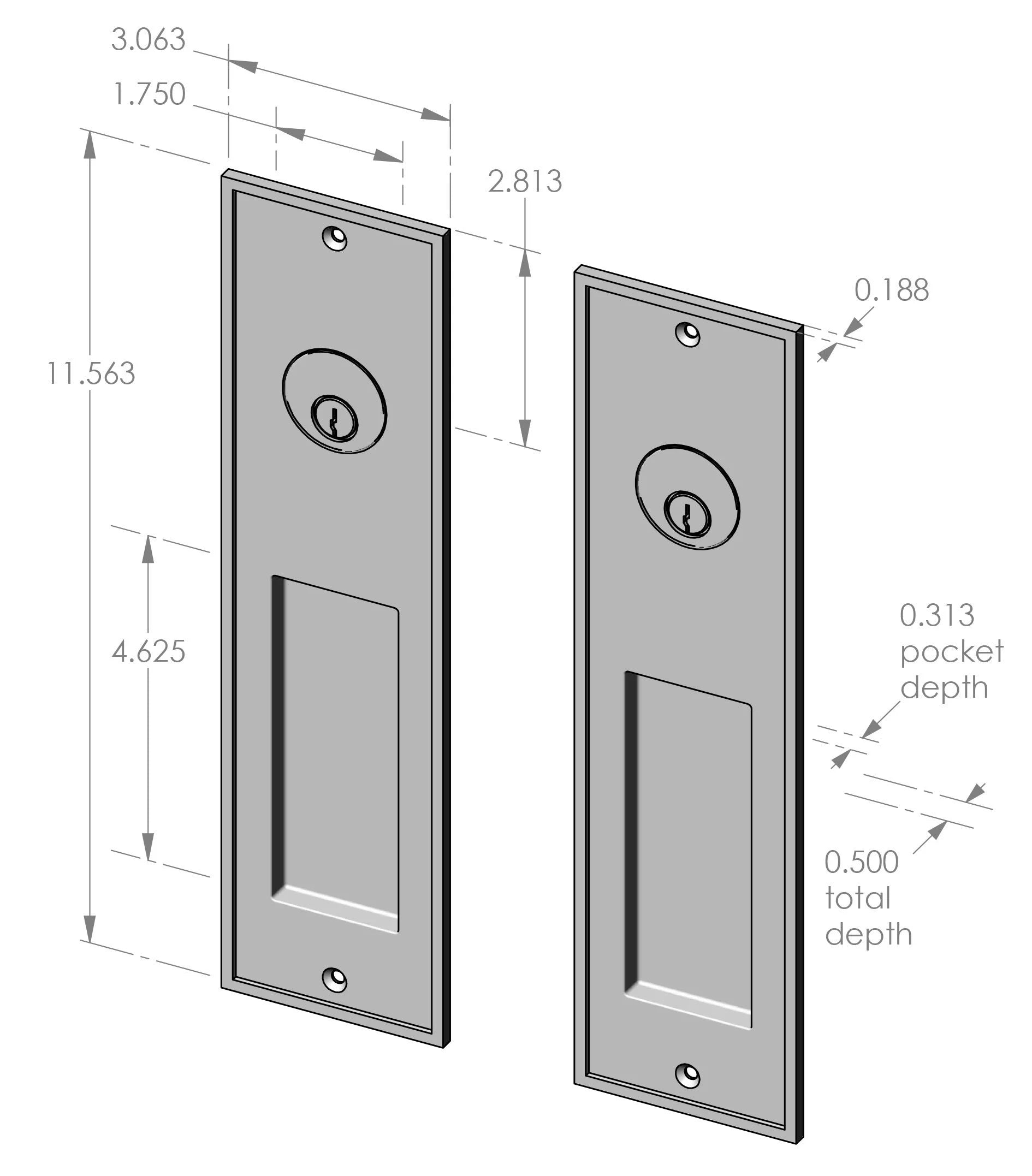 Bandbox Double Cylinder Locking Pocket Door Set (CS-FP1516ML-DC) — dibujo de especificaciones y dimensiones