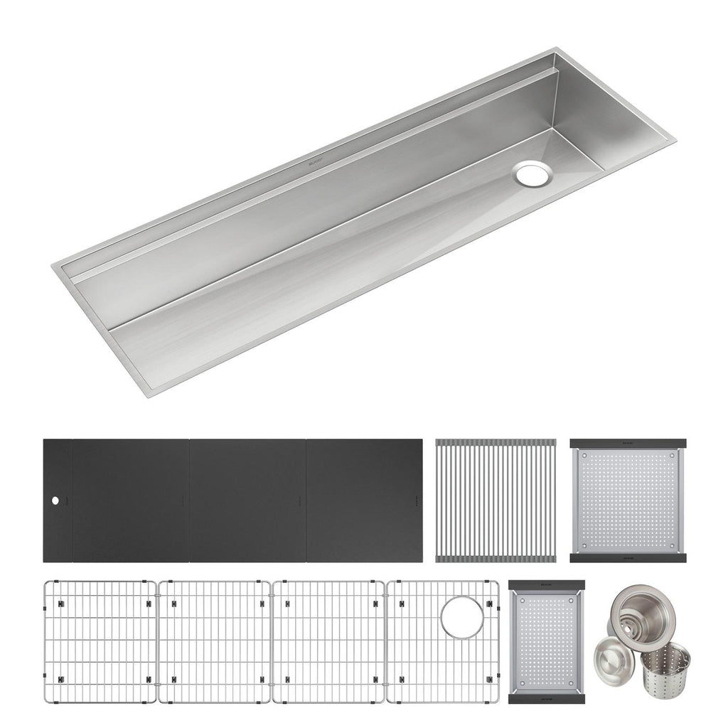 Elkay Tarja Circuit Chef® Workstation Acero Inoxidable 59-1/2" x 20-1/2" x 10" de Un Tazón Bajo Cubierta (Kit con Tablas de Polímero Negro) — ambiente de cocina