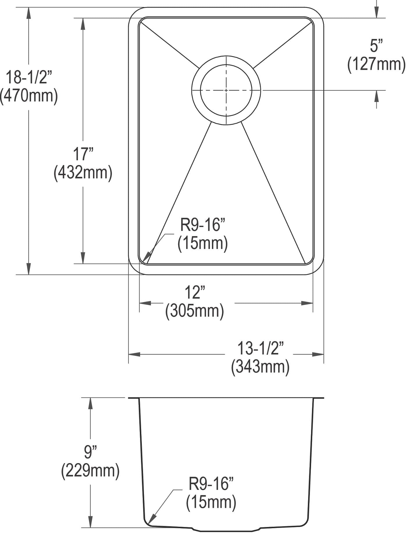 Elkay Tarja Crosstown® Calibre 18 Acero Inoxidable 13-1/2" x 18-1/2" x 9" de Un Tazón Bajo Cubierta Bar (Kit) — vista de producto