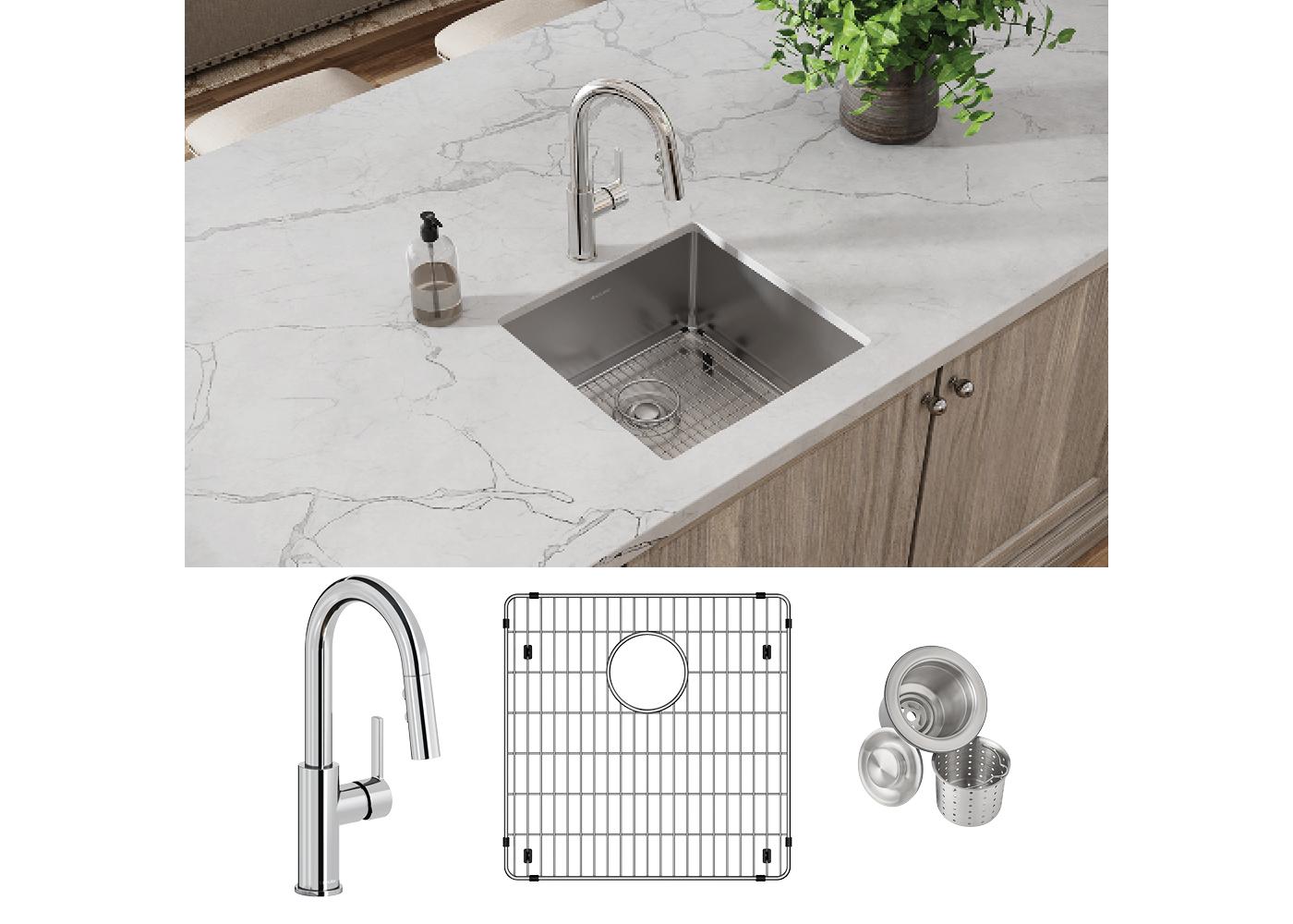 Elkay Tarja Crosstown® Calibre 18 Acero Inoxidable 18-1/2" x 18-1/2" x 9" de Un Tazón Bajo Cubierta (Kit con Llave Rejilla de Fondo y Drenaje) — ambiente de cocina