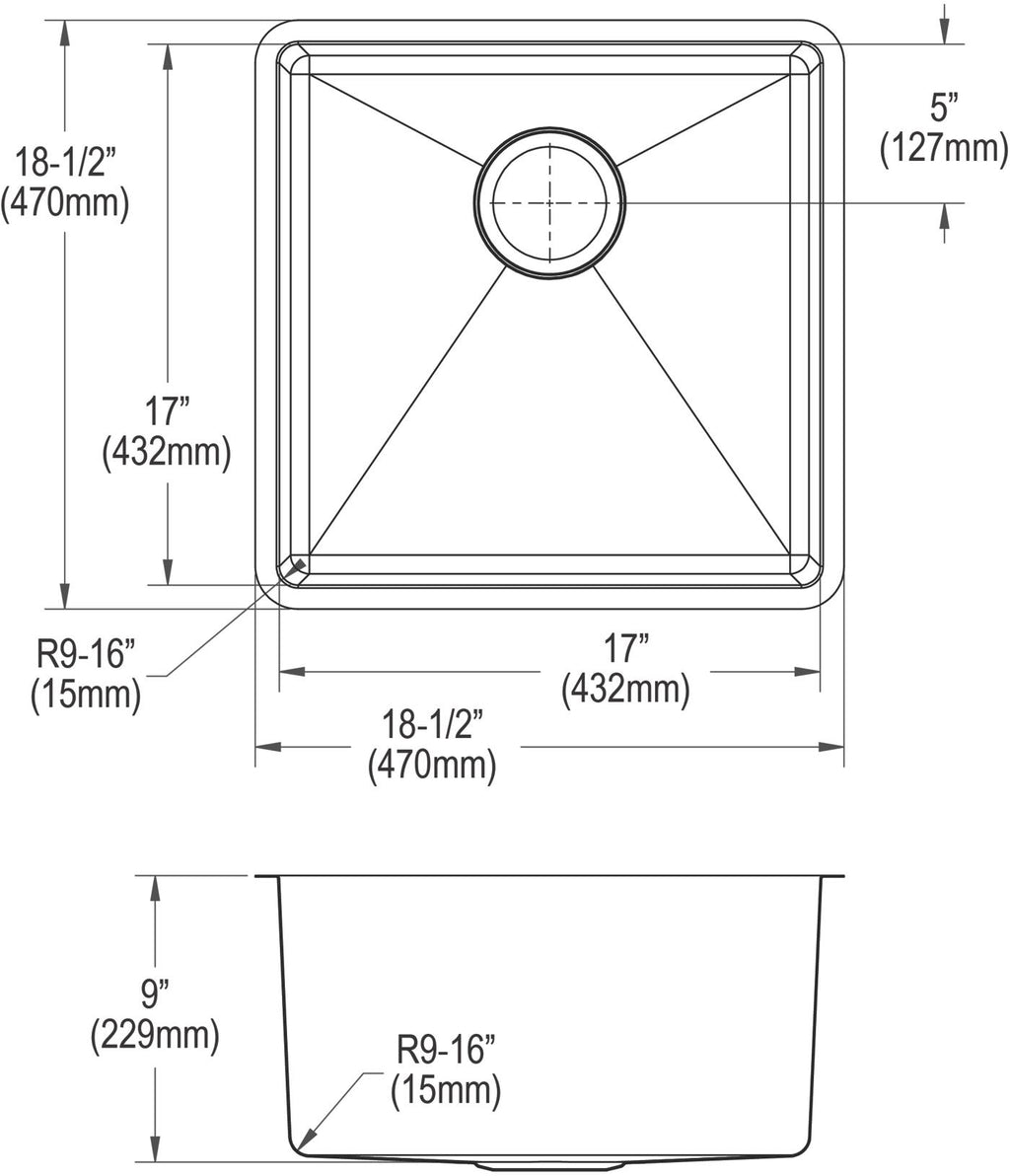 Elkay Tarja Crosstown® Calibre 18 Acero Inoxidable 18-1/2" x 18-1/2" x 9" de Un Tazón Bajo Cubierta — vista de producto