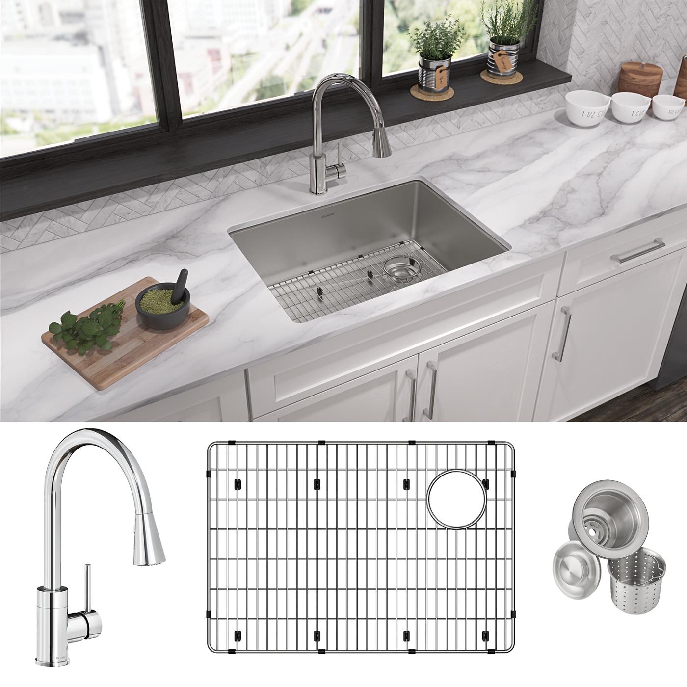 Elkay Tarja Crosstown® Calibre 18 Acero Inoxidable 25-1/2" x 18-1/2" x 9" de Un Tazón Bajo Cubierta (Kit con Llave Rejilla de Fondo y Drenaje) — ambiente de cocina