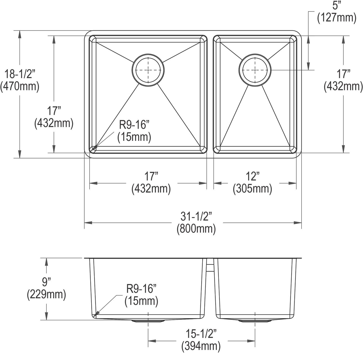 Elkay Tarja Crosstown® Calibre 18 Acero Inoxidable 31-1/2" x 18-1/2" x 9" 60/40 de Dos Tazones Bajo Cubierta — vista de producto