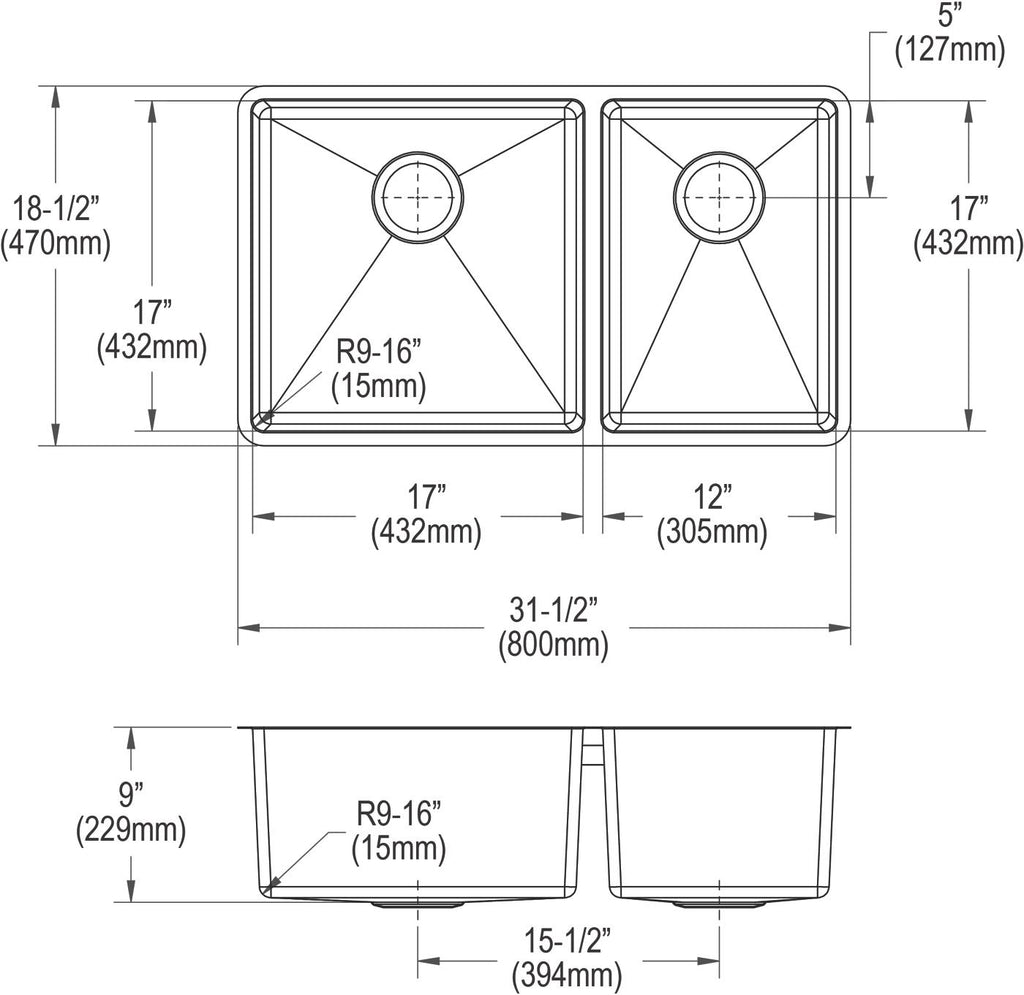 Elkay Tarja Crosstown® Calibre 18 Acero Inoxidable 31-1/2" x 18-1/2" x 9" 60/40 de Dos Tazones Bajo Cubierta (Kit) — vista de producto