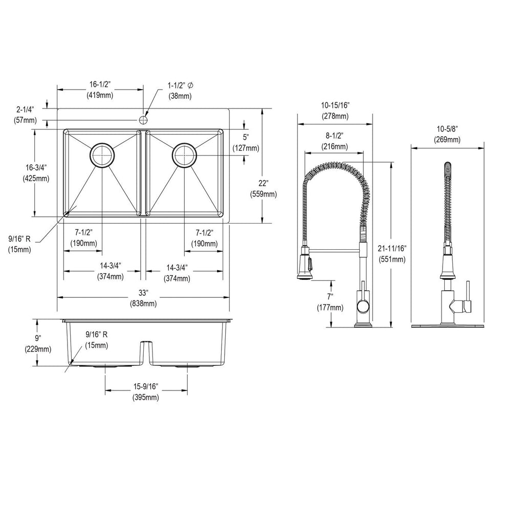 Elkay Tarja Crosstown® Calibre 18 Acero Inoxidable 33" x 22" x 9" 1 Orificio de Dos Tazones Iguales de Doble Montaje (Kit con Aqua Divide) and Faucet — vista de producto