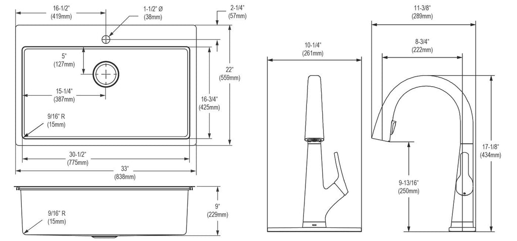 Elkay Tarja Crosstown® Calibre 18 Acero Inoxidable 33" x 22" x 9" de Un Tazón de Doble Montaje (Kit con Llave Filtrada) — vista de producto