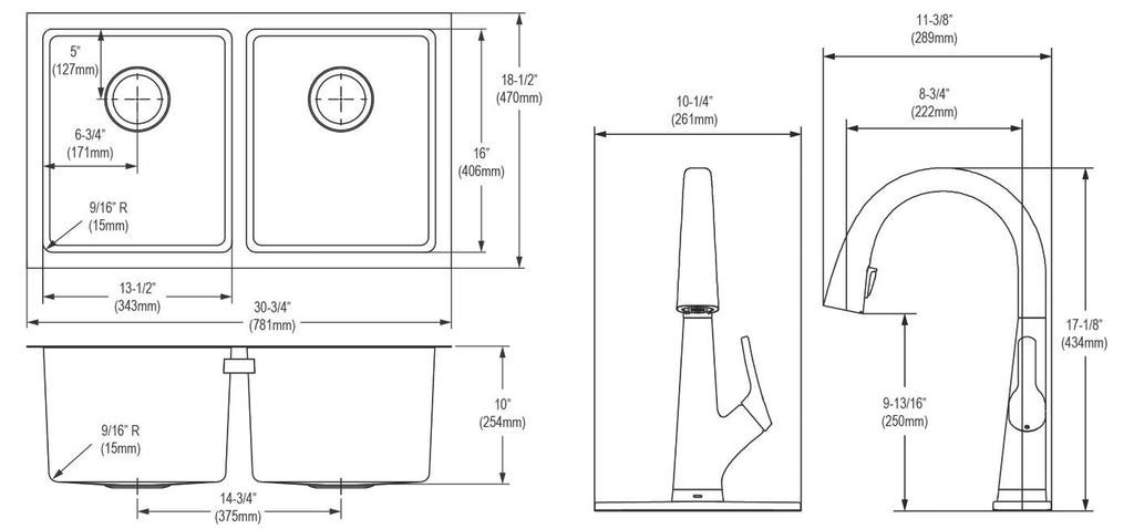 Elkay Tarja Crosstown® Calibre 16 Acero Inoxidable 30-3/4" x 18-1/2" x 10" de Dos Tazones Iguales Bajo Cubierta (Kit con Llave Filtrada) — vista de producto