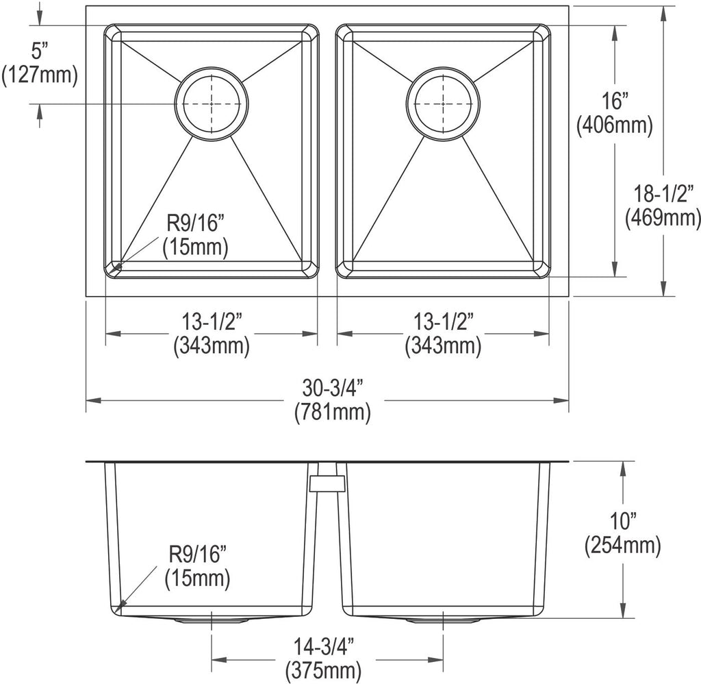 Elkay Tarja Crosstown® Calibre 16 Acero Inoxidable 30-3/4" x 18-1/2" x 10" de Dos Tazones Iguales Bajo Cubierta (Kit) — vista de producto