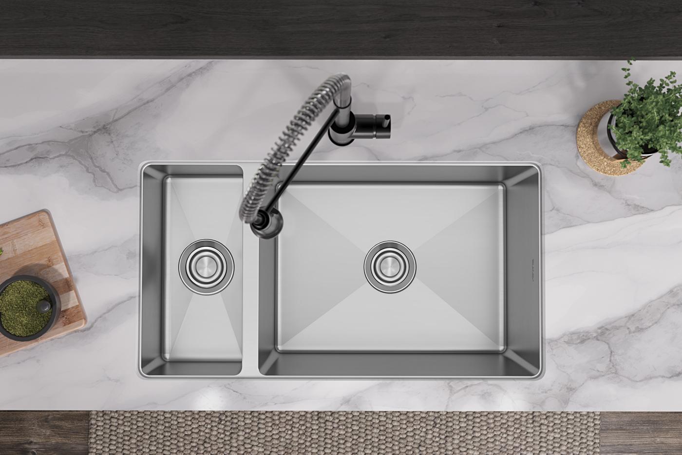 Elkay Tarja Crosstown® Calibre 16 Acero Inoxidable 32-1/4" x 18-1/4" x 10" 30/70 de Dos Tazones Bajo Cubierta — ambiente de cocina
