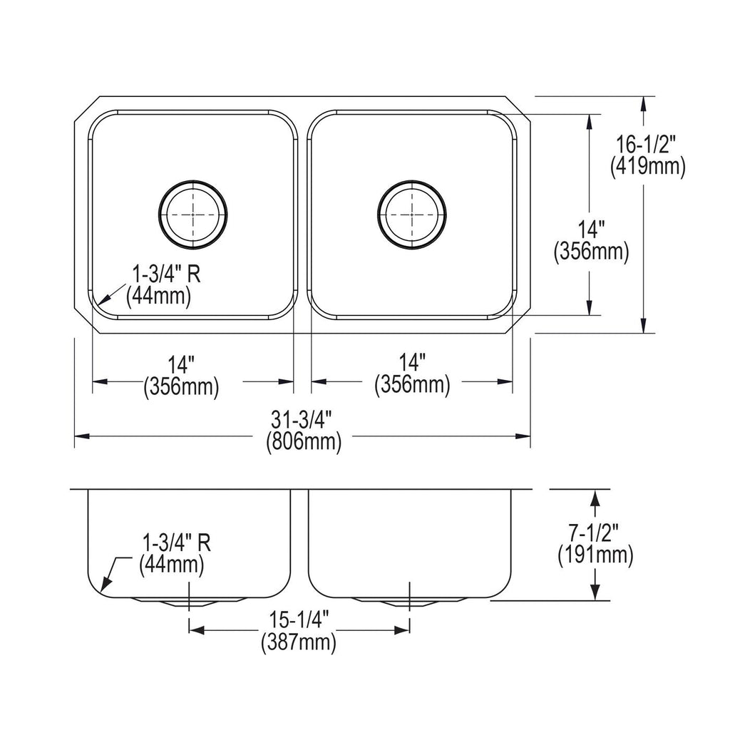 Elkay Tarja Lustertone® Classic Acero Inoxidable 31-3/4" x 16-1/2" x 7-1/2" de Dos Tazones Iguales Bajo Cubierta — vista de producto