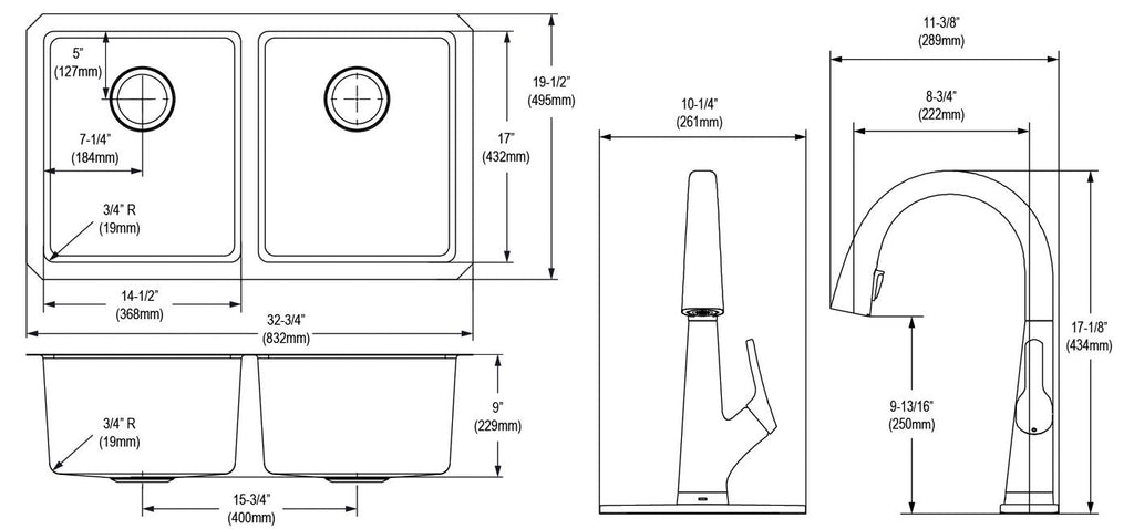 Elkay Tarja Lustertone Iconix® Calibre 18 Acero Inoxidable 32-3/4" x 19-1/2" x 9" de Dos Tazones Bajo Cubierta (Kit con Llave Filtrada) — vista de producto