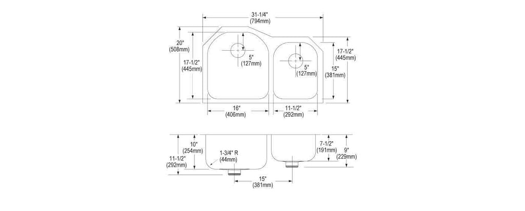Elkay Tarja Lustertone® Classic Acero Inoxidable 31-1/4" x 20" x 10" Offset 60/40 Double Bajo Cubierta con Perfect Drain® — vista de producto