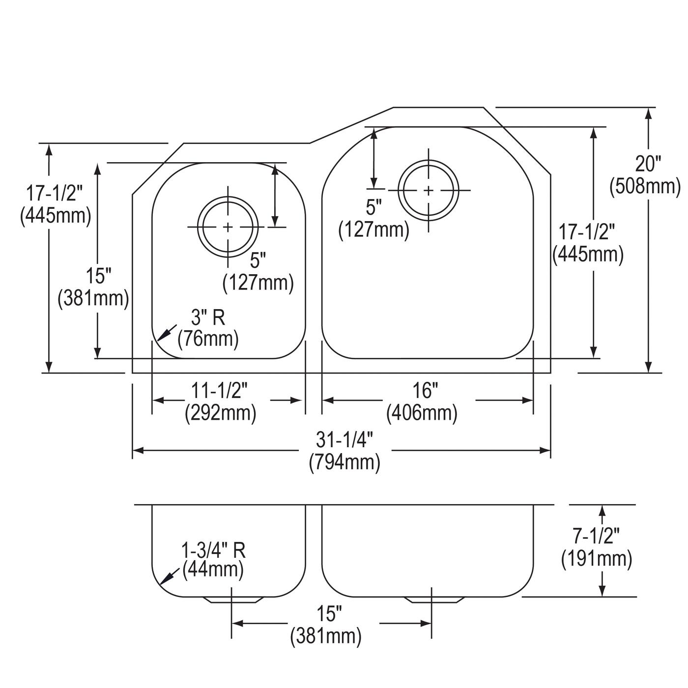 Elkay Tarja Lustertone® Classic Acero Inoxidable 31-1/4" x 20" x 7-1/2" Offset 40/60 de Dos Tazones Bajo Cubierta — vista de producto