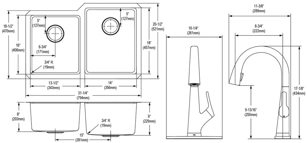 Elkay Tarja Lustertone Iconix® Calibre 18 Acero Inoxidable 31-1/4" x 20-1/2" x 9" Offset 40/60 Bowl Bajo Cubierta (Kit) w/Filter Faucet — vista de producto