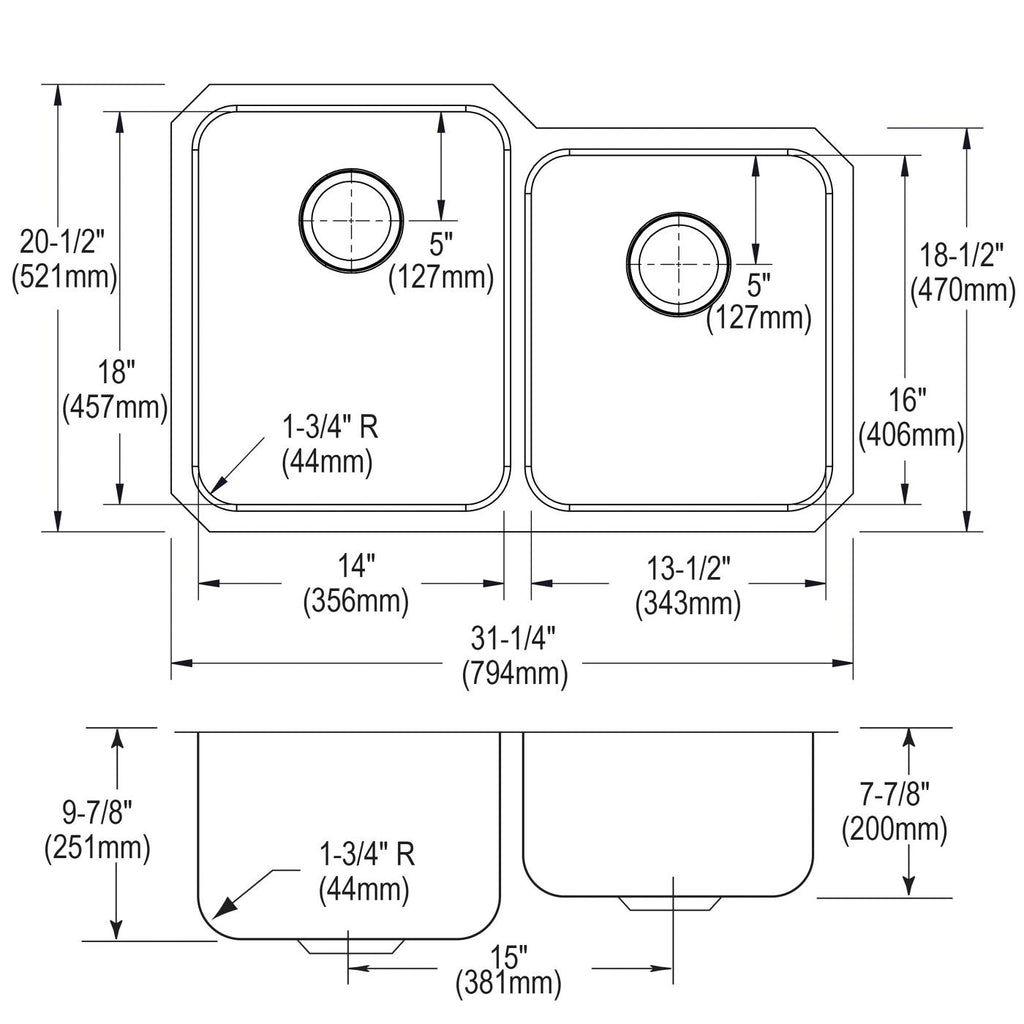 Elkay Tarja Lustertone® Classic Acero Inoxidable 31-1/4" x 20-1/2" x 9-7/8" Offset 60/40de Dos Tazones Bajo Cubierta (Kit) — vista de producto