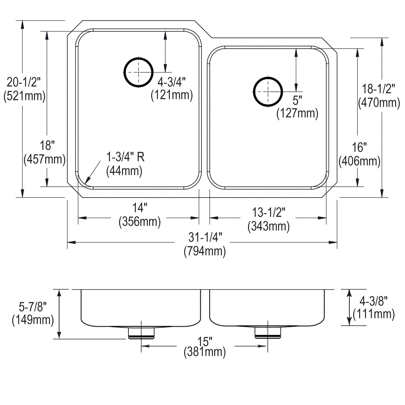Elkay Tarja Lustertone® Classic Acero Inoxidable 31-1/4" x 20-1/2" x 4-3/8" de Dos Tazones Bajo Cubierta ADA con Perfect Drain® — vista de producto
