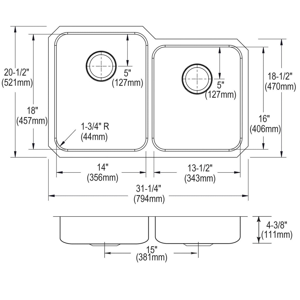 Elkay Tarja Lustertone® Classic Acero Inoxidable 31-1/4" x 20-1/2" x 4-3/8" Offset de Dos Tazones ADA Bajo Cubierta — vista de producto