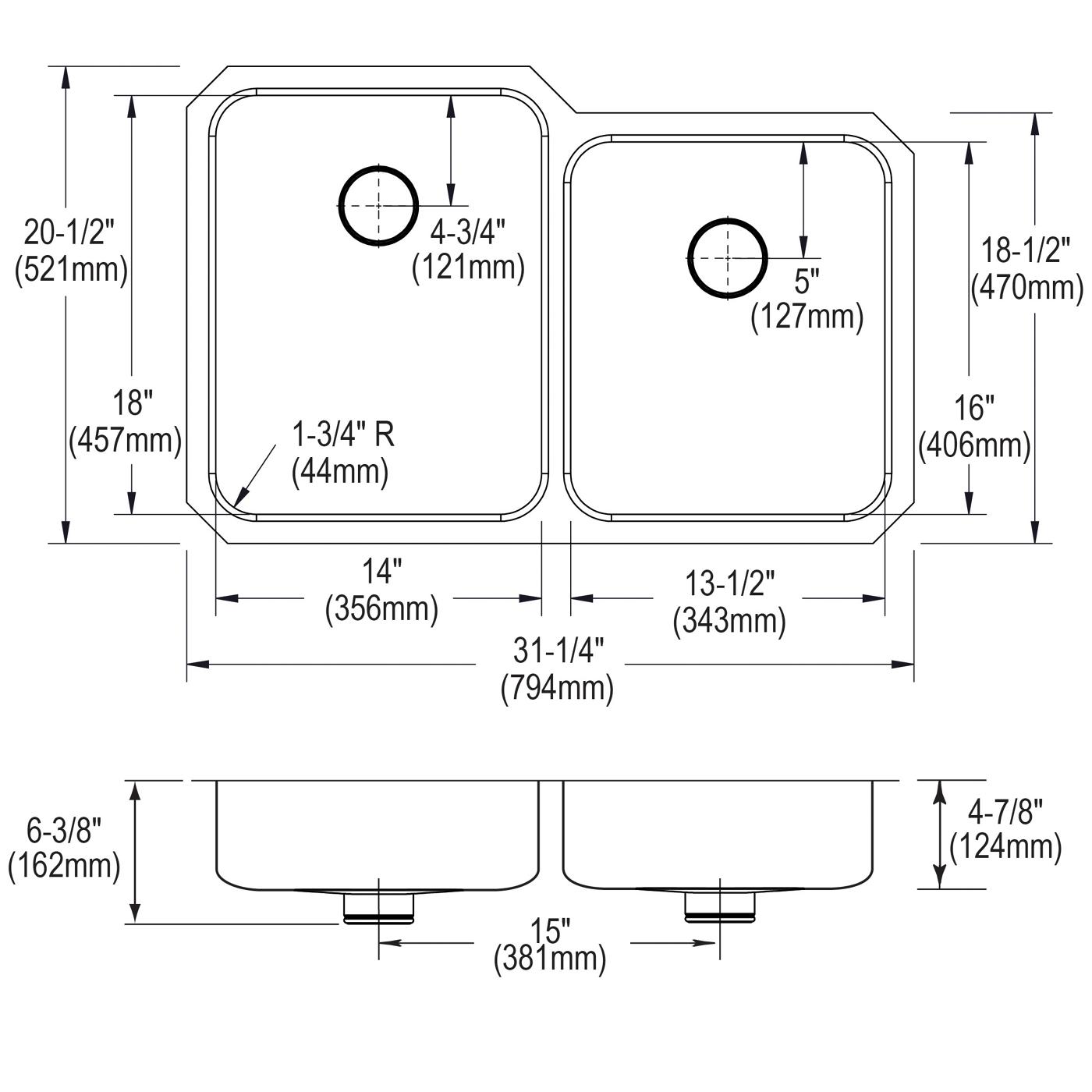 Elkay Tarja Lustertone® Classic Acero Inoxidable 31-1/4" x 20-1/2" x 4-7/8" de Dos Tazones Bajo Cubierta ADA con Perfect Drain® — vista de producto