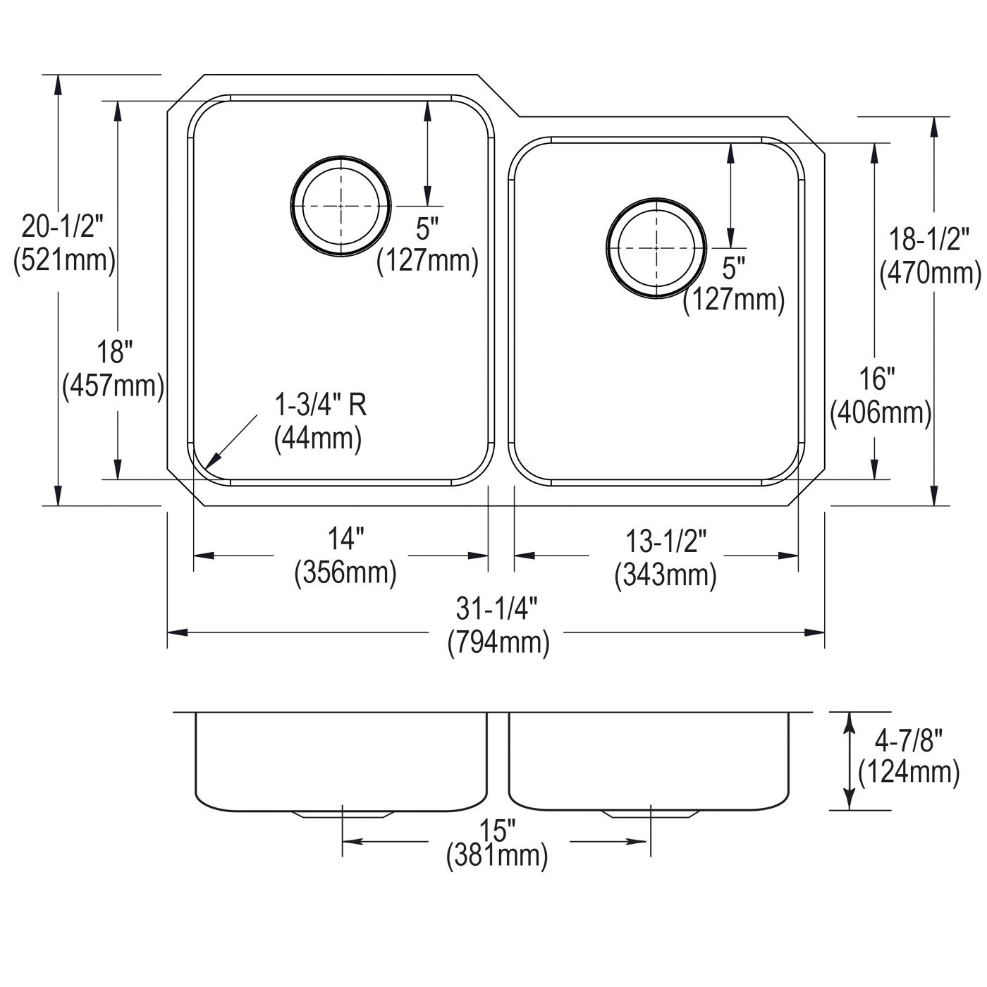 Elkay Tarja Lustertone® Classic Acero Inoxidable 31-1/4" x 20-1/2" x 4-7/8" Offset de Dos Tazones ADA Bajo Cubierta — vista de producto