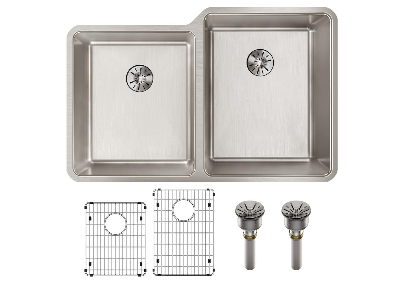 Elkay Tarja Lustertone Iconix® Calibre 16 Acero Inoxidable 31-1/4" x 20-1/2" x 9" de Dos Tazones Bajo Cubierta (Kit) with Left Perfect Drain® — ambiente de cocina