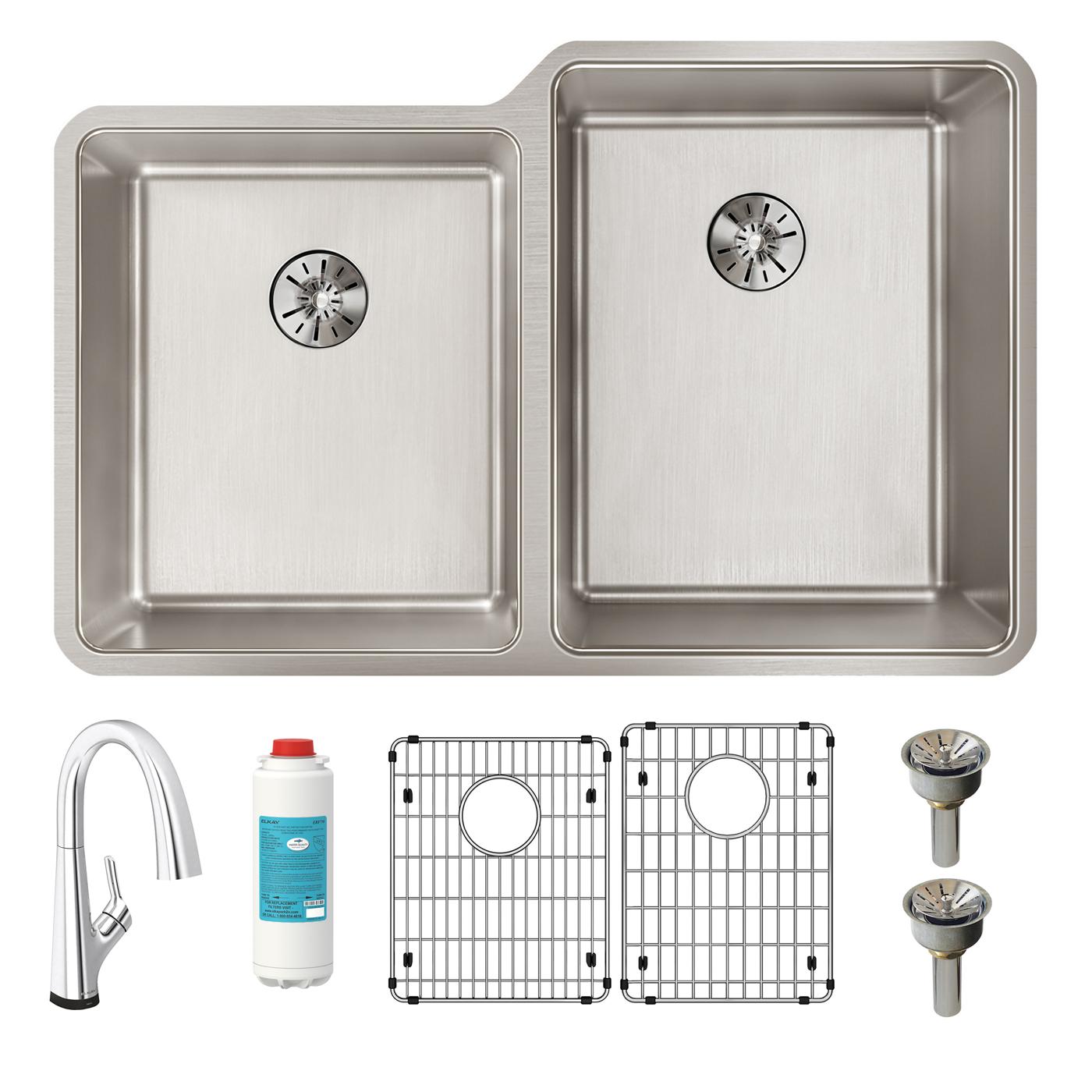 Elkay Tarja Lustertone Iconix® 16 Ga Acero Inoxidable 31-1/4" x 20-1/2" x 9" Offset 40/60 Bowl Umt (Kit) w/Perfect Drain®&Fltr Fct — ambiente de cocina