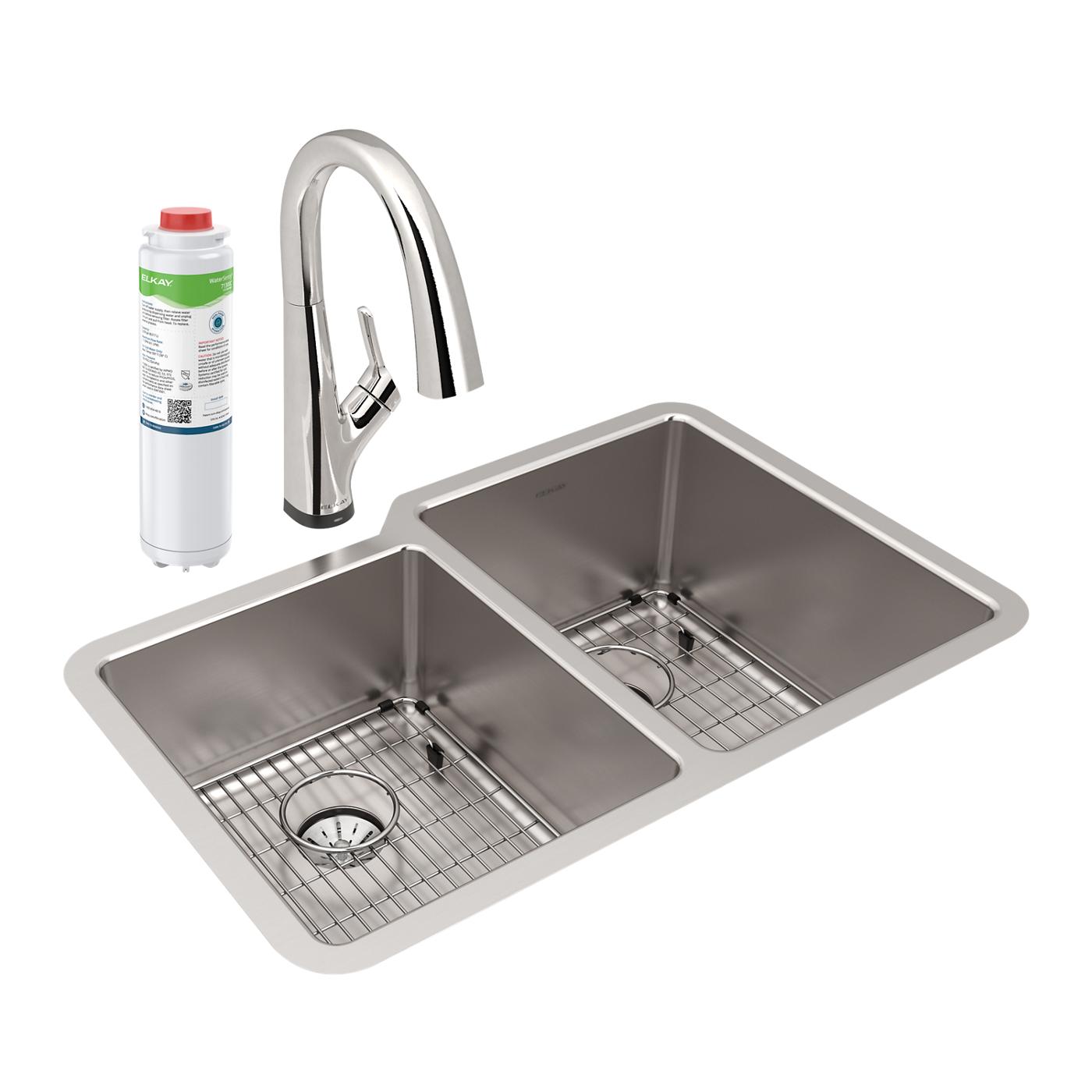 Elkay Tarja Lustertone Iconix® 16 Ga Acero Inoxidable 31-1/4" x 20-1/2" x 9" Offset 40/60 Bowl Umt (Kit) w/Perfect Drain®&Fltr Fct — vista de producto
