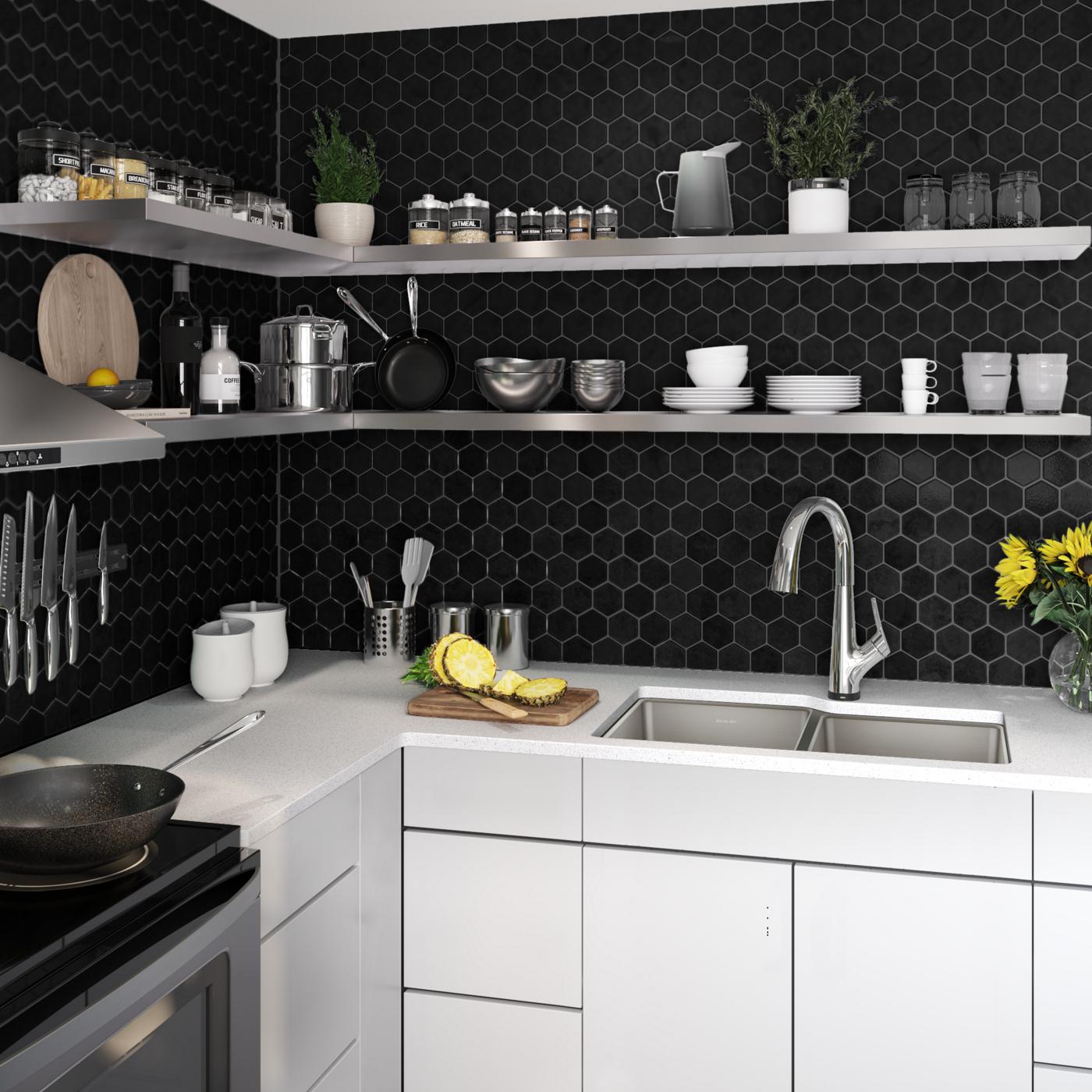 Elkay Tarja Lustertone Iconix® 16 Ga Acero Inoxidable 31-1/4" x 20-1/2" x 9" Offset 60/40 Bowl Umt (Kit) w/Perfect Drain®&Fltr Fct — ambiente de cocina