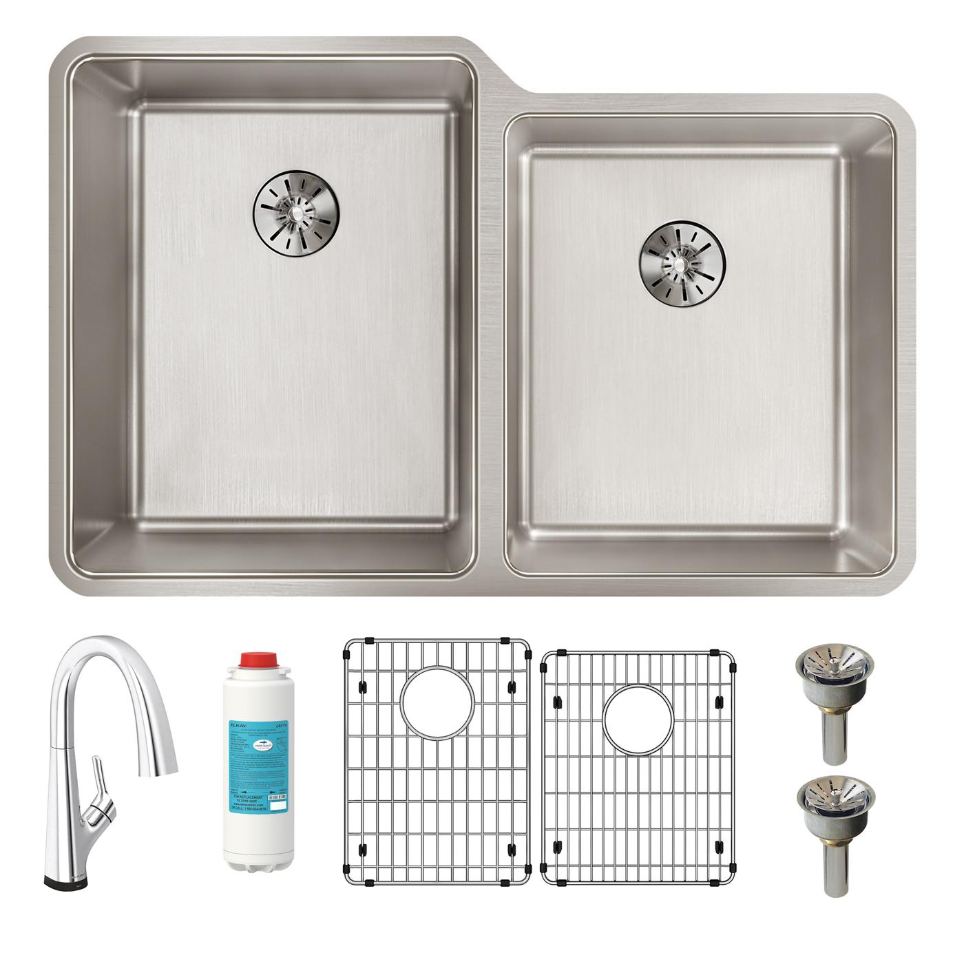 Elkay Tarja Lustertone Iconix® 16 Ga Acero Inoxidable 31-1/4" x 20-1/2" x 9" Offset 60/40 Bowl Umt (Kit) w/Perfect Drain®&Fltr Fct — ambiente de cocina
