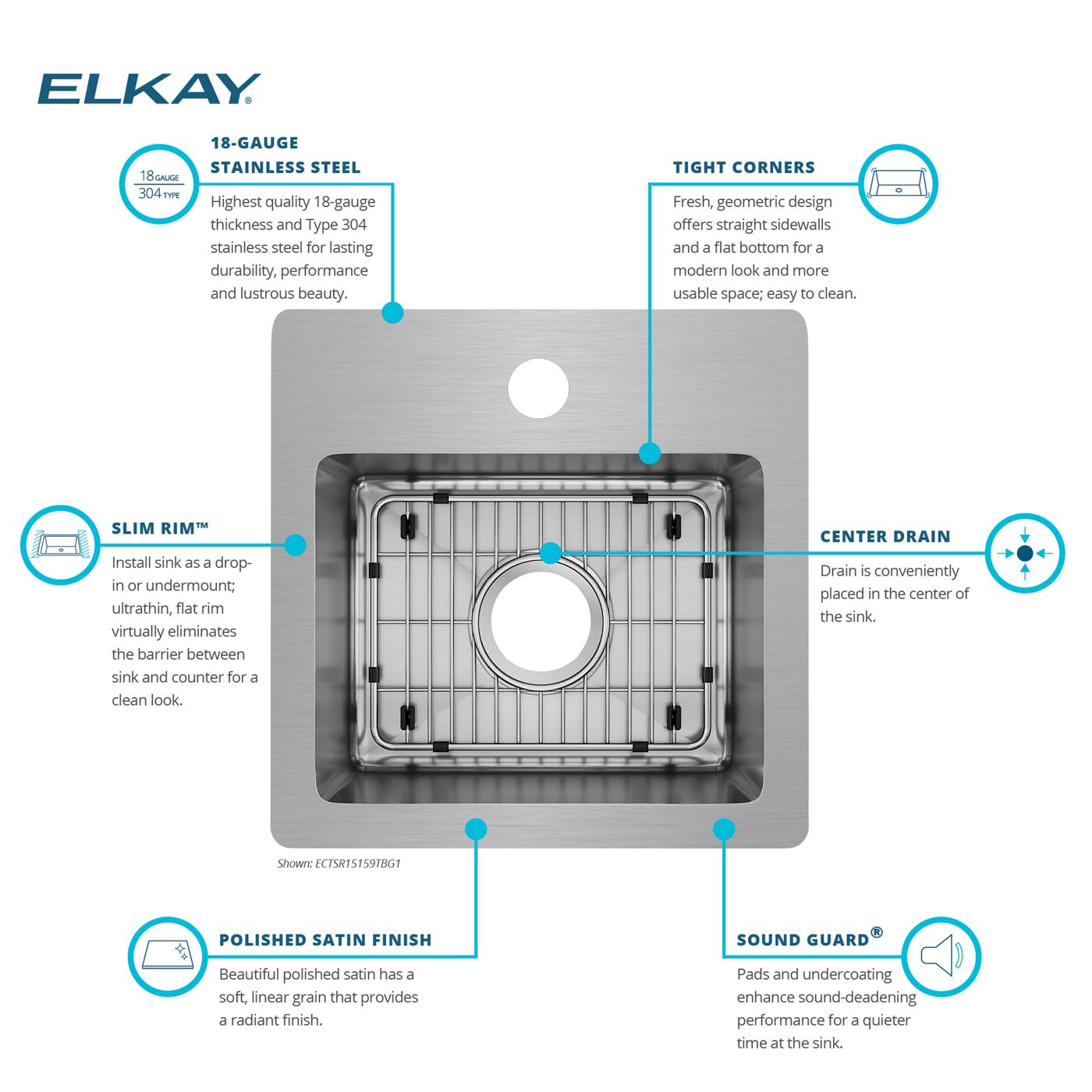 Elkay Tarja Crosstown® Calibre 18 Acero Inoxidable 15" x 15" x 9" de Un Tazón de Doble Montaje (Kit) — vista de producto