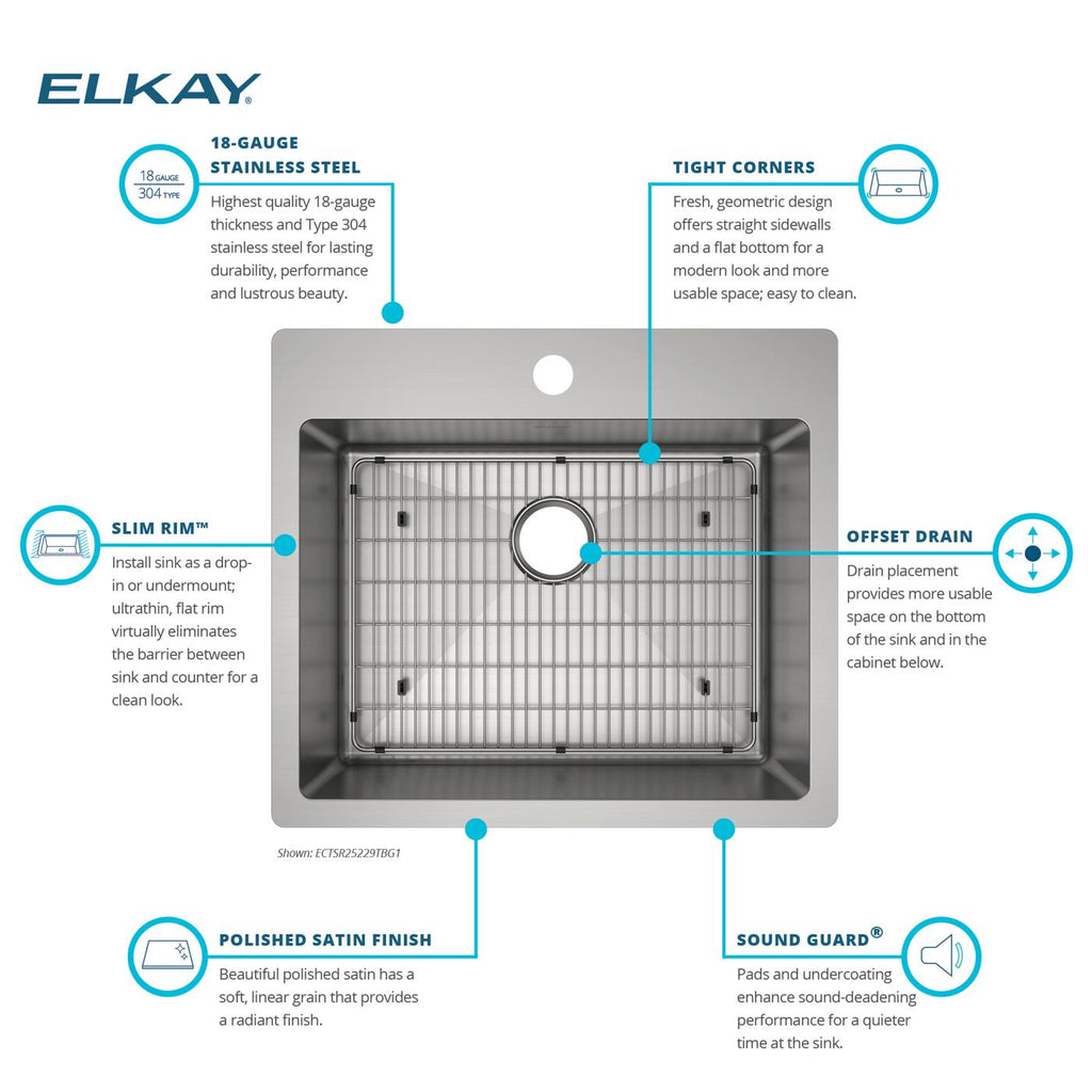 Elkay Tarja Crosstown® Calibre 18 Acero Inoxidable 25" x 22" x 9" de Un Tazón de Doble Montaje (Kit) — vista de producto