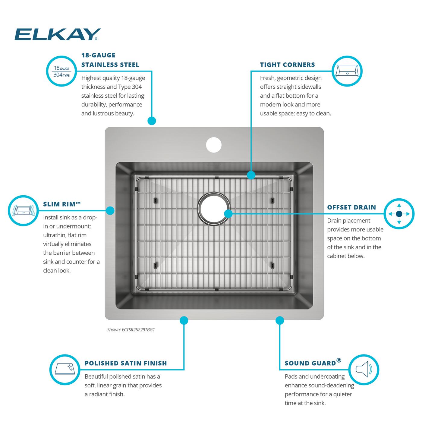 Elkay Tarja Crosstown® Calibre 18 Acero Inoxidable 25" x 22" x 9" de Un Tazón de Doble Montaje (Kit) — vista de producto