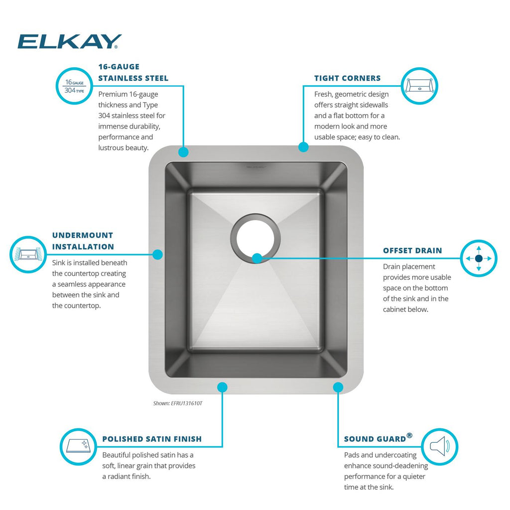 Elkay Tarja Crosstown® Calibre 16 Acero Inoxidable 16" x 18-1/2" x 10" de Un Tazón Bajo Cubierta — vista de producto