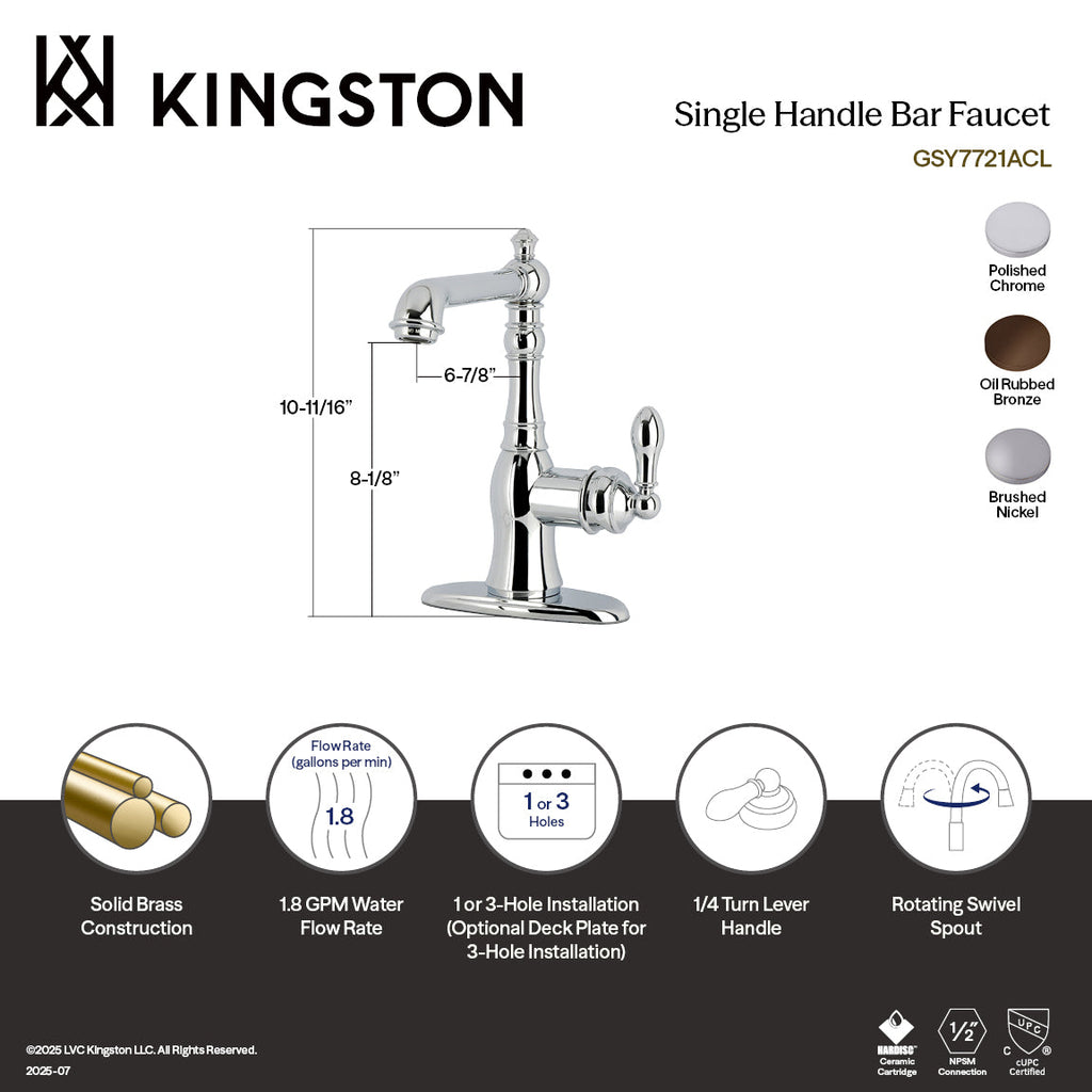 Kingston Brass Heirloom American Classic — Mezcladora de Bar de Cubierta, Una Manija, 3 Orificios — Níquel Cepillado (Surtidor 9-5/8") — Ambientación 1
