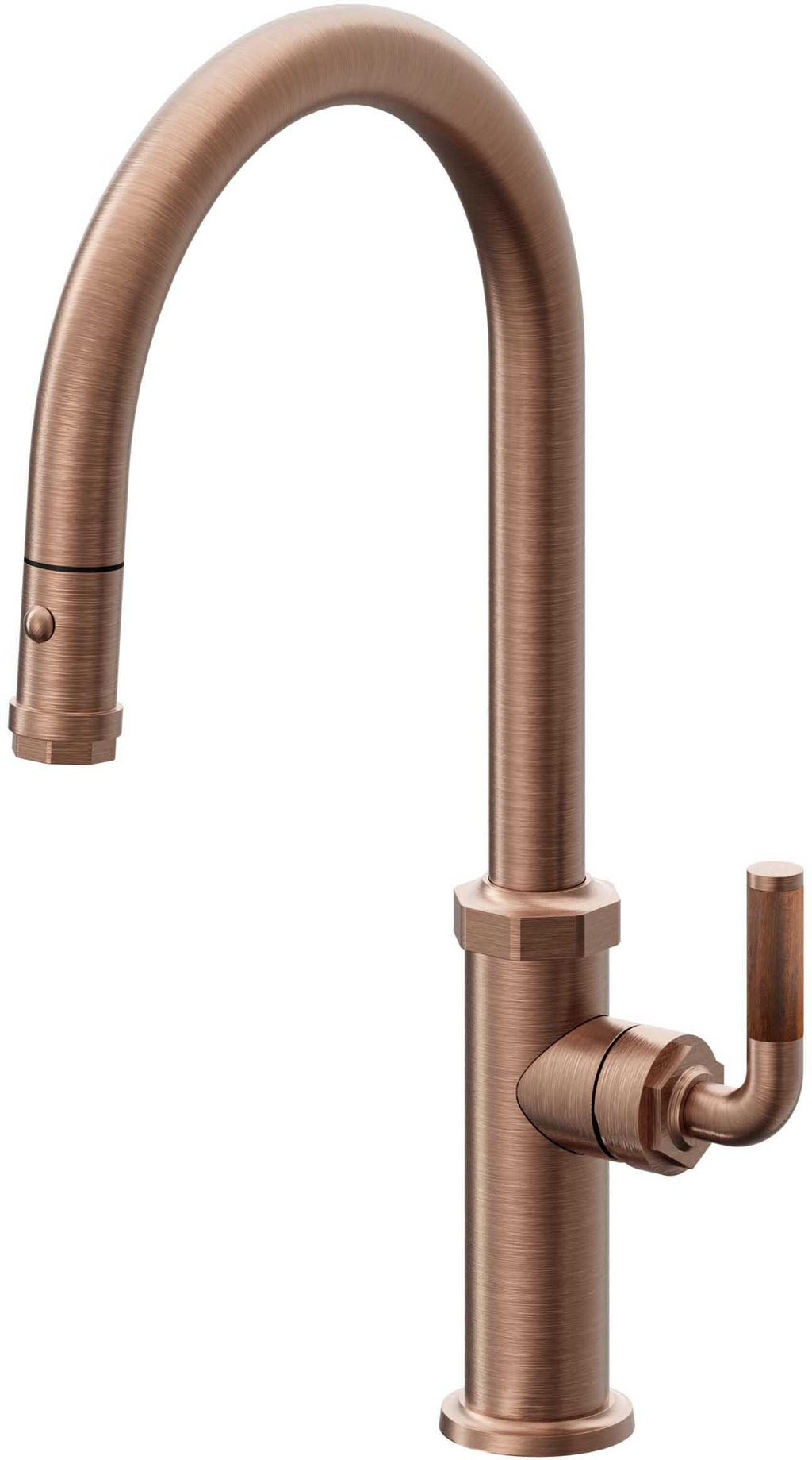 California Faucets Descanso Llave de Cocina con Rociador Extraíble hacia Abajo Industrial con Rociador de Botón - High Pico en Arco - Cobre Antiguo Mate