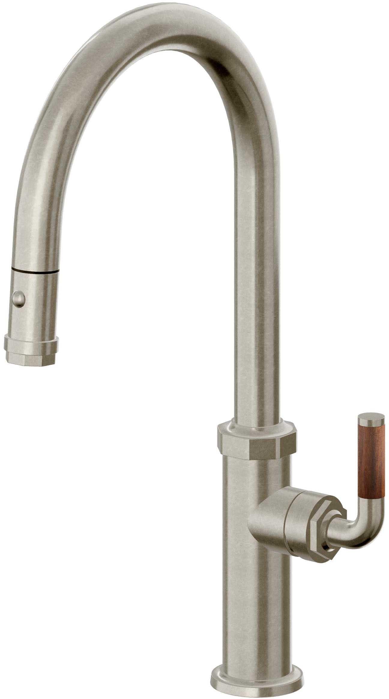 California Faucets Descanso Llave de Cocina con Rociador Extraíble hacia Abajo Industrial con Rociador de Botón - High Pico en Arco - Níquel Bruñido
