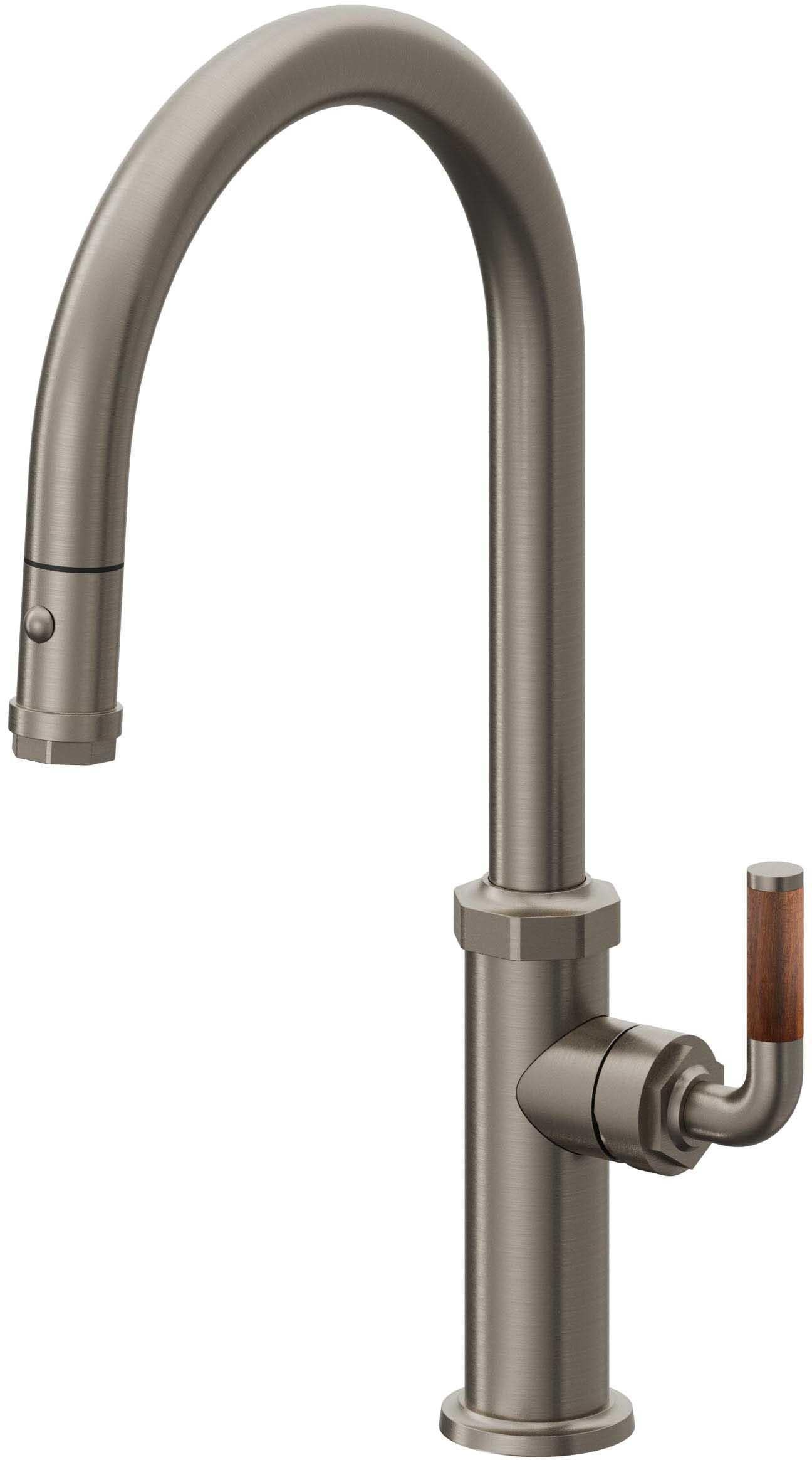 California Faucets Descanso Llave de Cocina con Rociador Extraíble hacia Abajo Industrial con Rociador de Botón - High Pico en Arco - Grafito