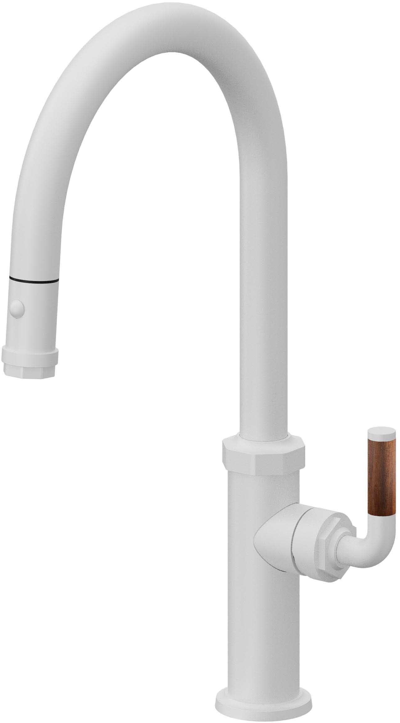 California Faucets Descanso Llave de Cocina con Rociador Extraíble hacia Abajo Industrial con Rociador de Botón - High Pico en Arco - Blanco Mate