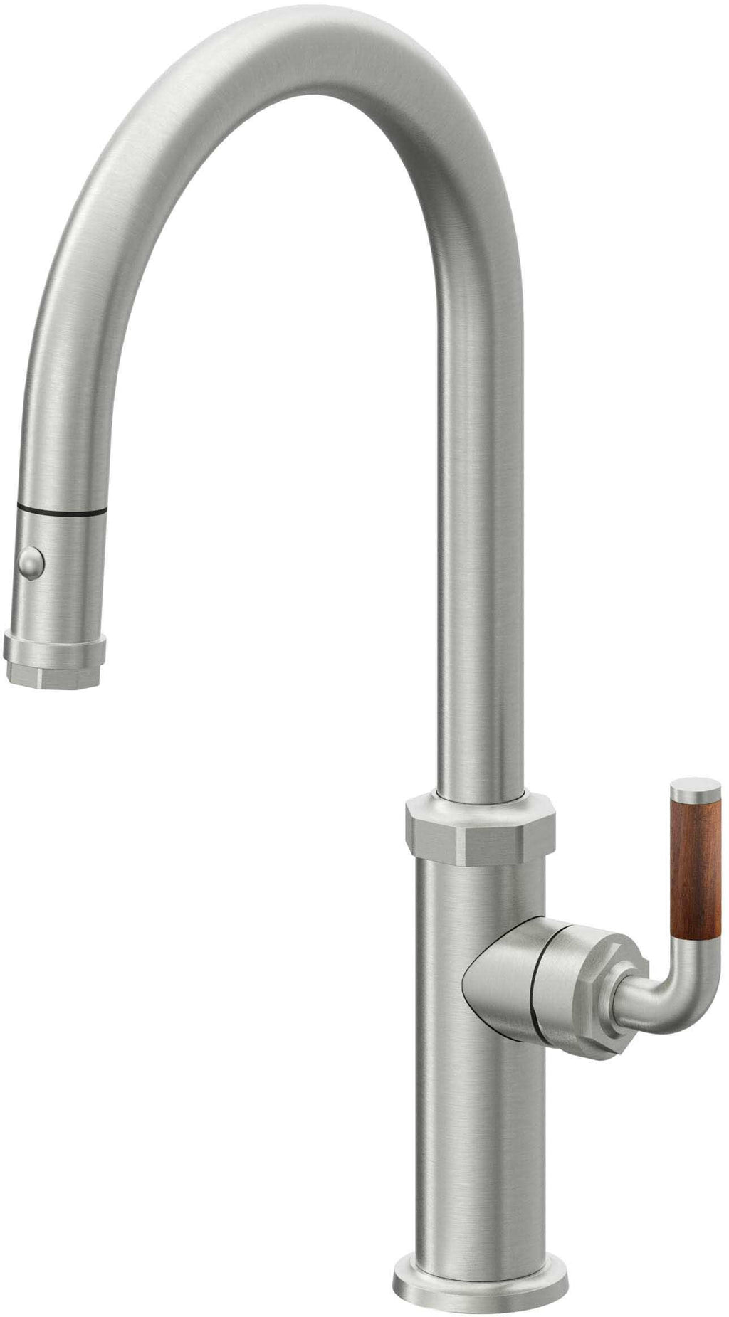 California Faucets Descanso Llave de Cocina con Rociador Extraíble hacia Abajo Industrial con Rociador de Botón - High Pico en Arco - Cromo Satinado