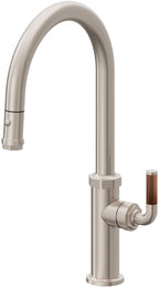 California Faucets Descanso Llave de Cocina con Rociador Extraíble hacia Abajo Industrial con Rociador de Botón - High Pico en Arco - Níquel Satinado