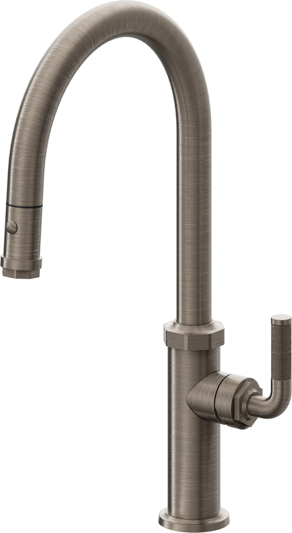 California Faucets Descanso Llave de Cocina con Rociador Extraíble hacia Abajo Industrial con Rociador de Botón - High Pico en Arco - Níquel Antiguo Mate