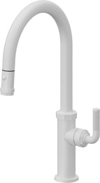 California Faucets Descanso Llave de Cocina con Rociador Extraíble hacia Abajo Industrial con Rociador de Botón - High Pico en Arco - Blanco Mate