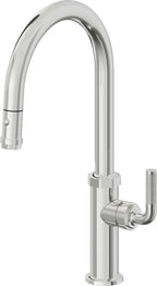 California Faucets Descanso Llave de Cocina con Rociador Extraíble hacia Abajo Industrial con Rociador de Botón - High Pico en Arco - Cromo Pulido