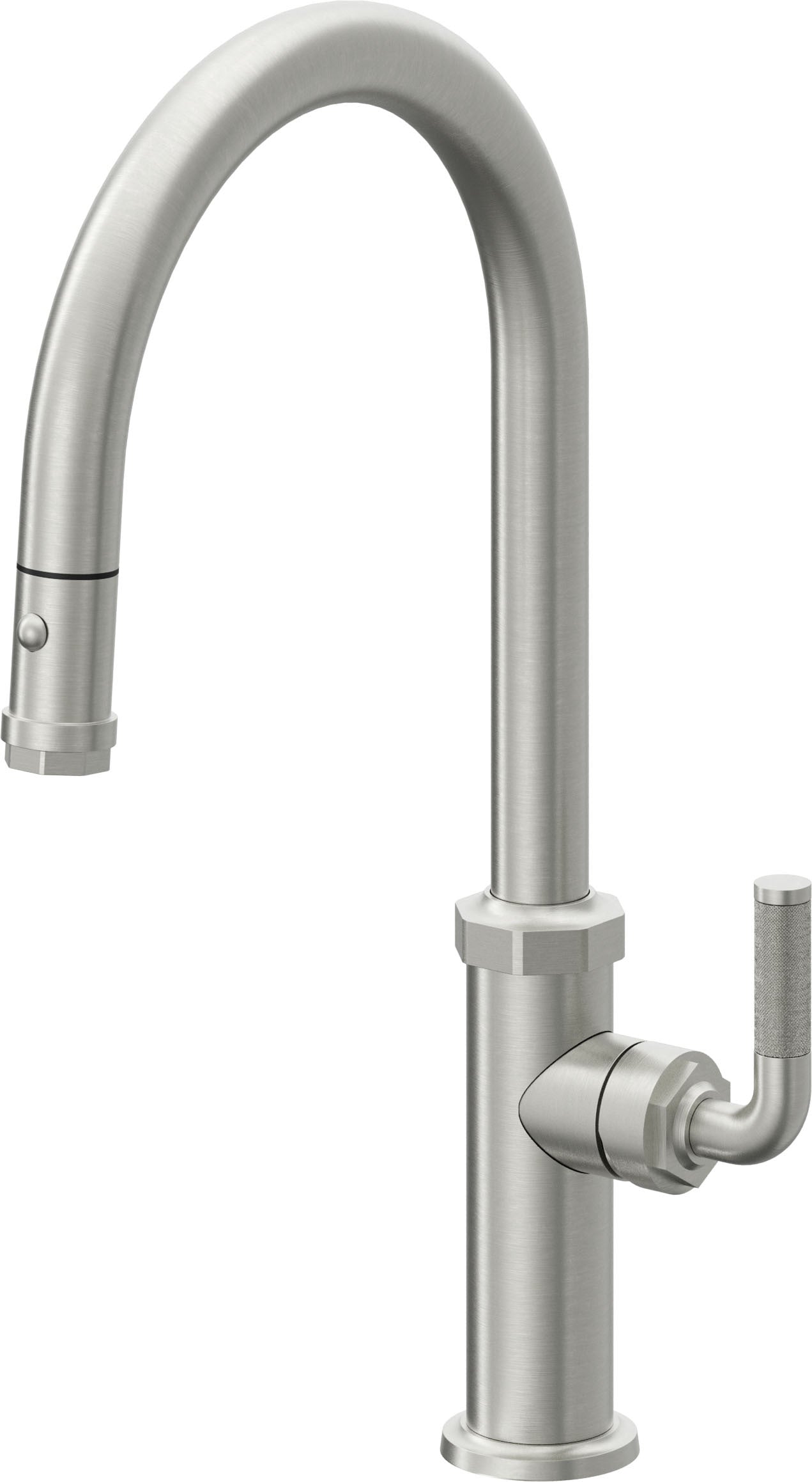 California Faucets Descanso Llave de Cocina con Rociador Extraíble hacia Abajo Industrial con Rociador de Botón - High Pico en Arco - Cromo Satinado