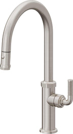 California Faucets Descanso Llave de Cocina con Rociador Extraíble hacia Abajo Industrial con Rociador de Botón - High Pico en Arco - Acero Inoxidable Ultra