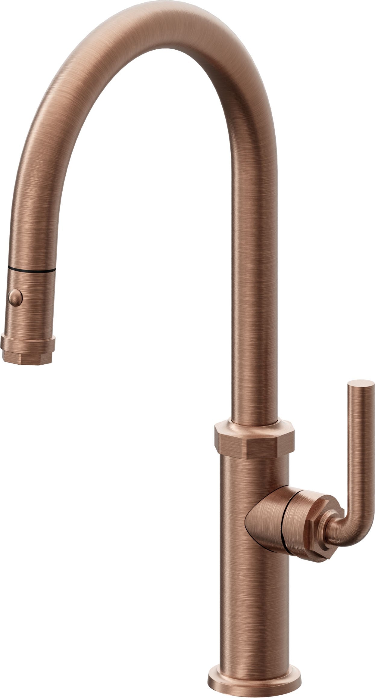 California Faucets Descanso Llave de Cocina con Rociador Extraíble hacia Abajo Industrial con Rociador de Botón - High Pico en Arco - Cobre Antiguo Mate