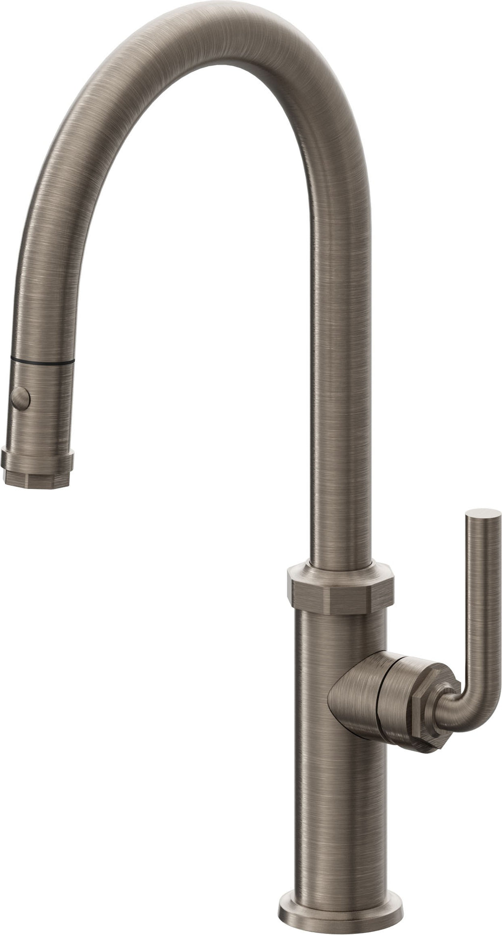 California Faucets Descanso Llave de Cocina con Rociador Extraíble hacia Abajo Industrial con Rociador de Botón - High Pico en Arco - Níquel Antiguo Mate