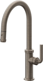 California Faucets Descanso Llave de Cocina con Rociador Extraíble hacia Abajo Industrial con Rociador de Botón - High Pico en Arco - Níquel Antiguo Mate