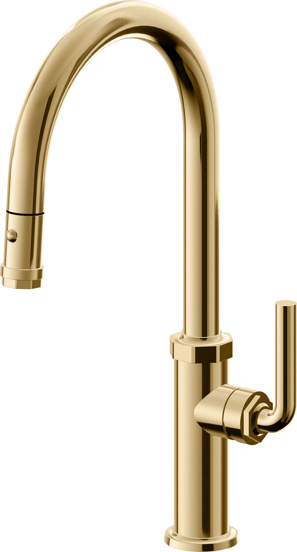 California Faucets Descanso Llave de Cocina con Rociador Extraíble hacia Abajo Industrial con Rociador de Botón - High Pico en Arco - Oro Francés