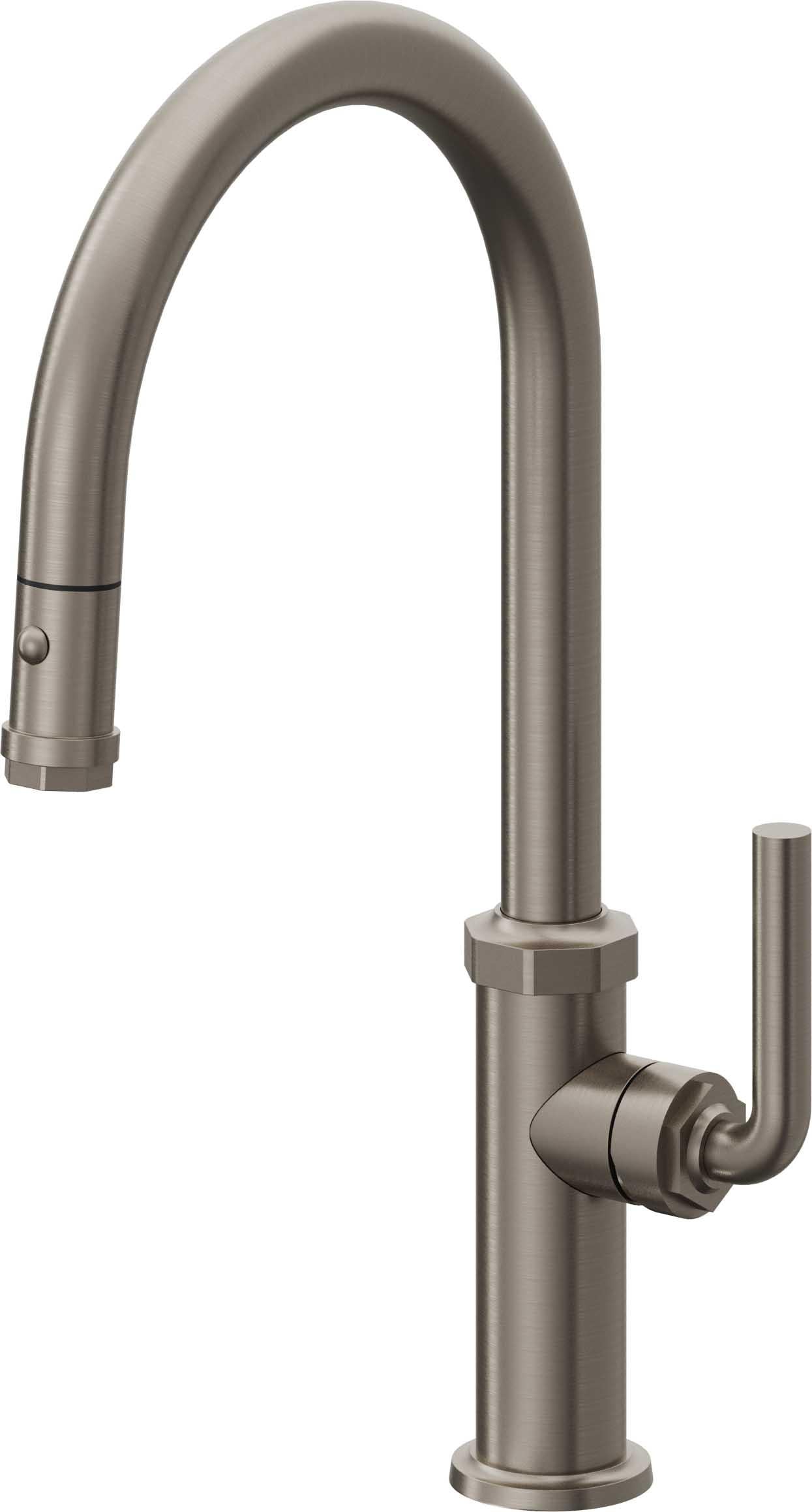 California Faucets Descanso Llave de Cocina con Rociador Extraíble hacia Abajo Industrial con Rociador de Botón - High Pico en Arco - Grafito